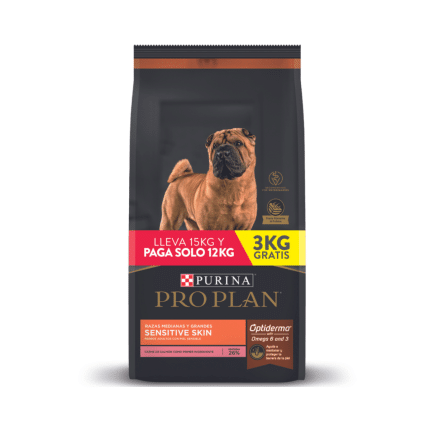 PRO PLAN SENSITIVE SKIN RAZA MEDIANA GRANDE 12 KG + 3KG